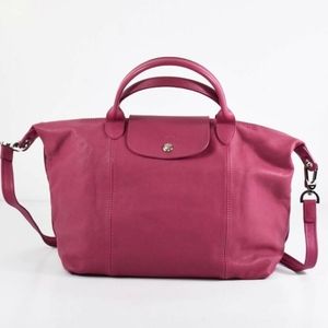 Longchamp Medium Le Pliage Cuir Leather Top Handle Tote Cyclamen